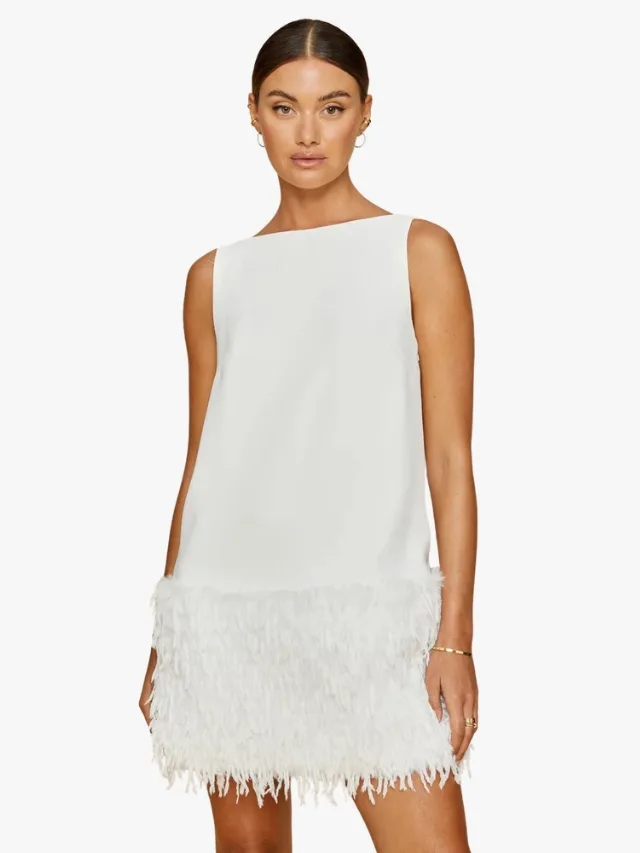 Boat neck white mini shift wedding dress with feathered hem