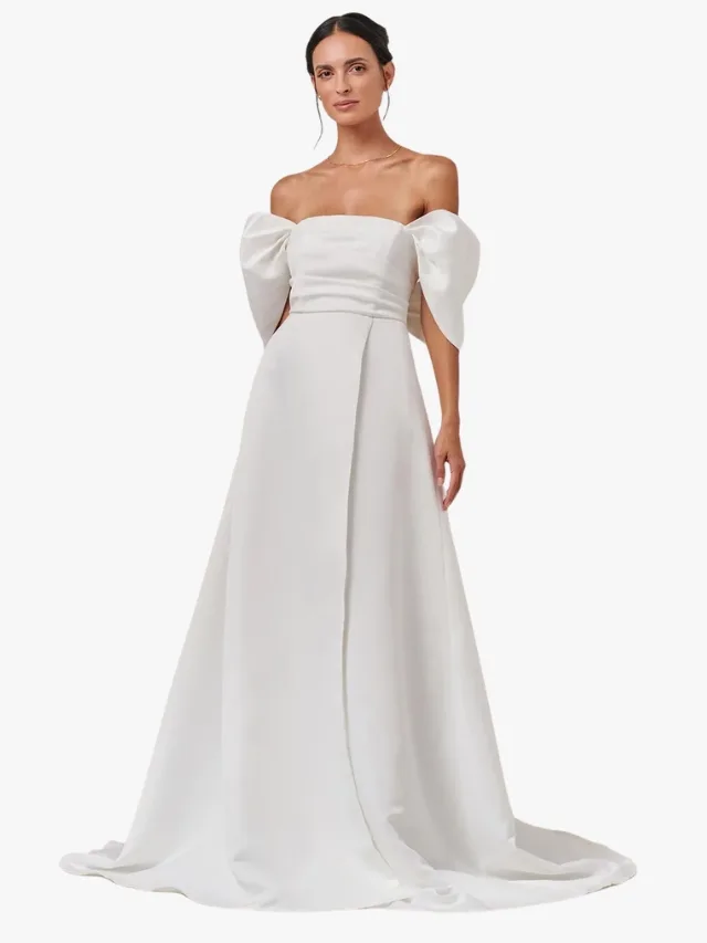 Affordable white wedding gown with puffed sleeves