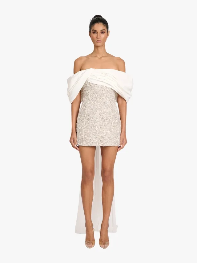 Eilya the label bridal mini with sequinned bodice and cream off shoulder drapery