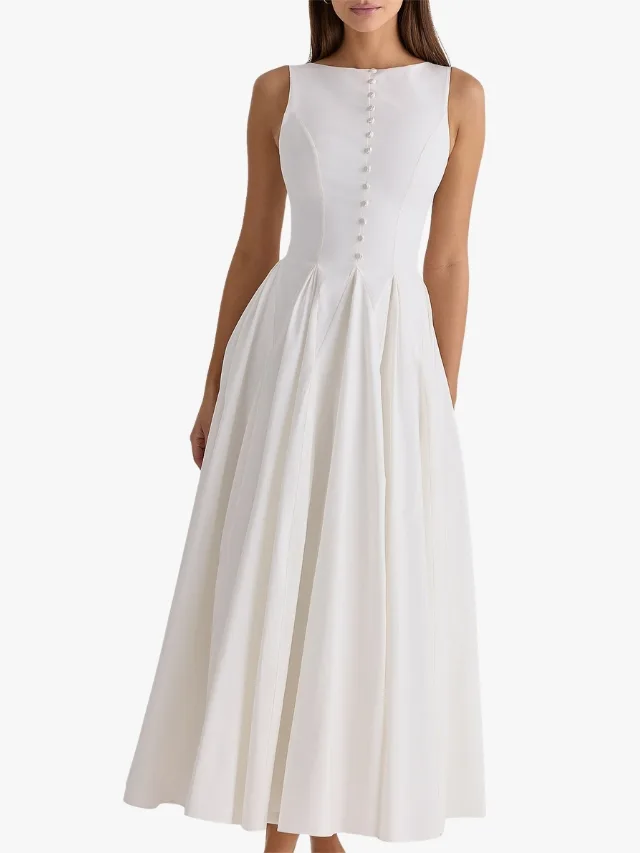 high neck white dress with button-up front 