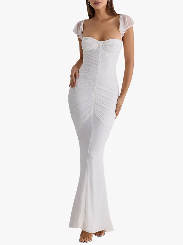 Slim bias cut white wedding dress with rouched bodice and cap sleeves