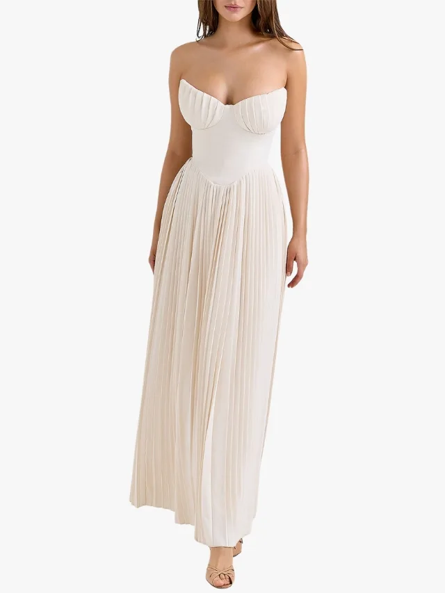 Strapless cream wedding dress with pleated ankle-length skirt and rouched bustier