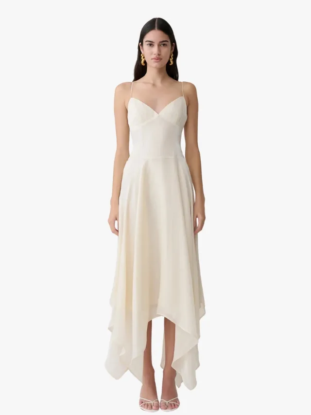 Meshki cream wedding dress with handkerchief hem