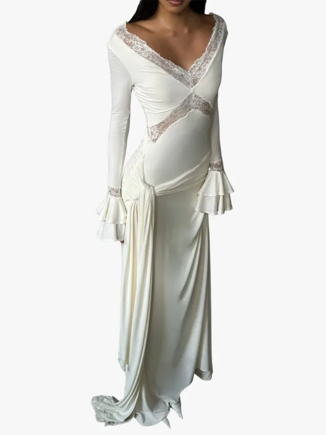 White long sleeve wedding dress with lace neckline and bohemian frilled sleeeves
