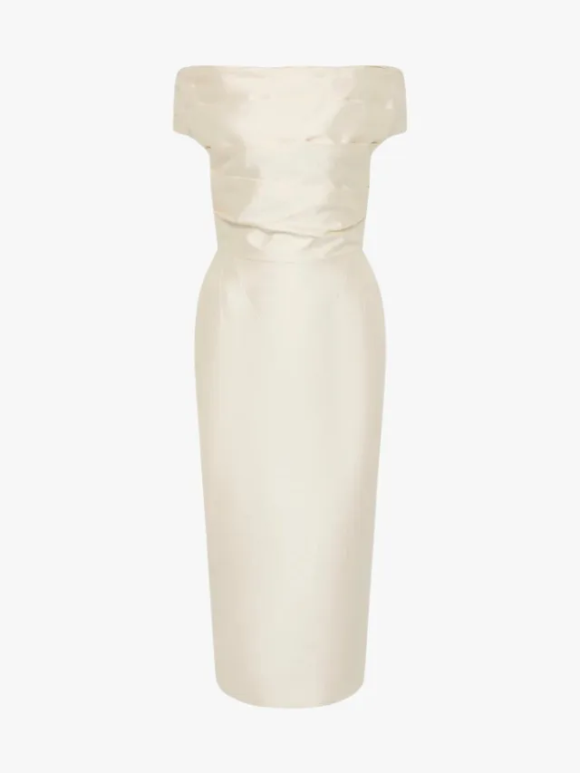 Off-shoulder 1950s style tea-length taffeta wedding dress by Rachel Gilbert