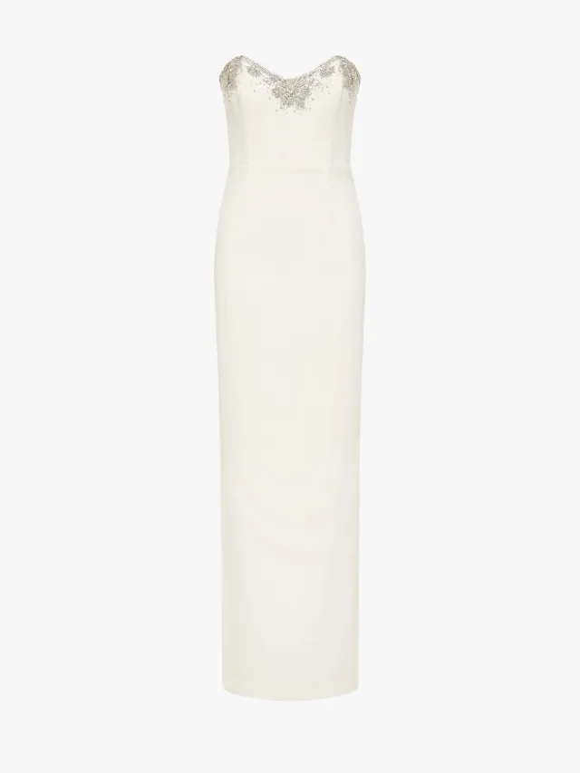 Strapless white wedding gown by Rebecca Vallance with embellished sweetheart neckline