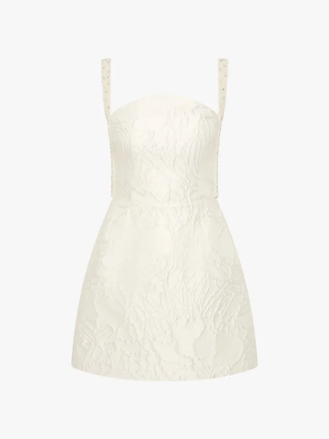 Cream mini wedding dress by Rebecca Vallance in silk jacquard