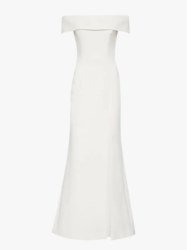 Off-shoulder plain white wedding dress by Rebecca Vallance
