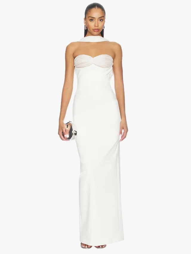 strapless white wedding dress with bust detail and neck scarf by retrofete