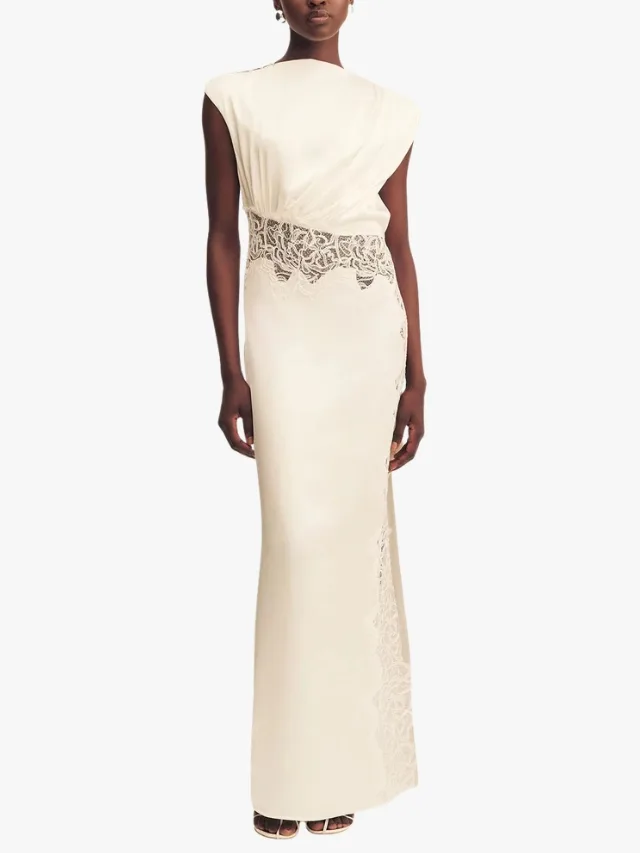 High neck white satin slip dress with lace midriff cutout