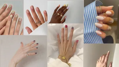 A gel nail collage, featuring nail art from J . Hannah and Bettina Goldstein.