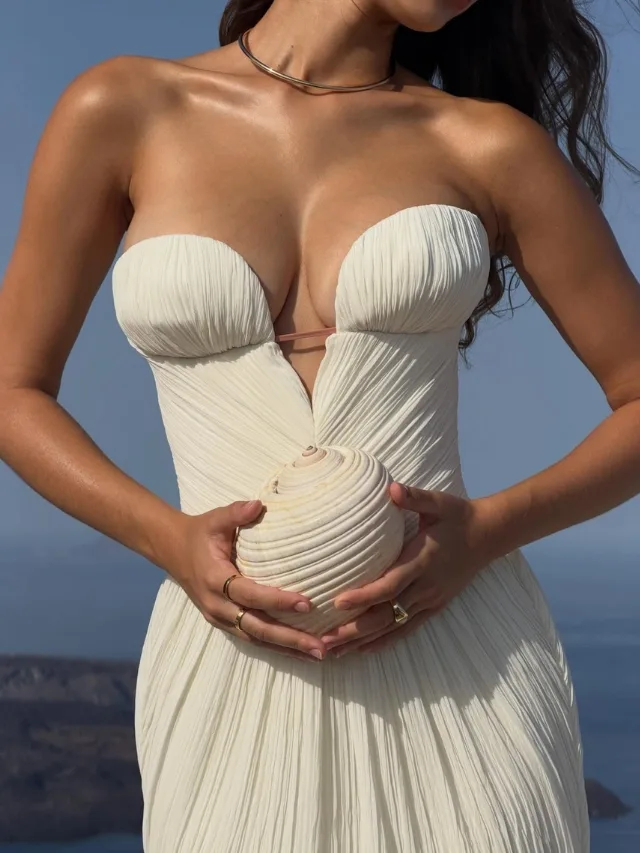 A woman's torso in a pleated bridal corset holding a conch shell at her abdomen