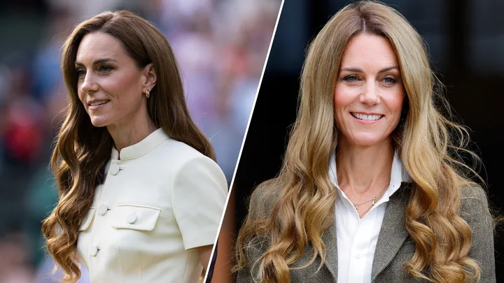 Kate Middleton as seen at Wimbledon with her signature chestnut hair. And again seen at The Natural History Museum with long, blonde hair.