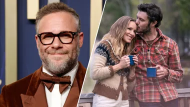 A still from 'Nobody Wants This' and an image of Seth Rogen at the Emmy's 2025 via Getty.