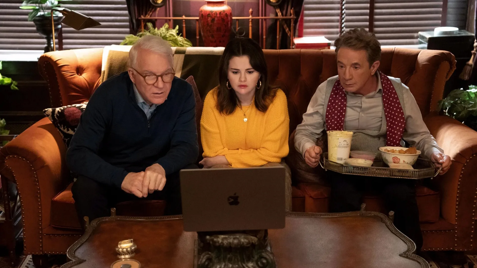 A still from 'only Murder's In The Building' Season 5. Featuring Steve Martin, Selena Gomez and Martin Short. 