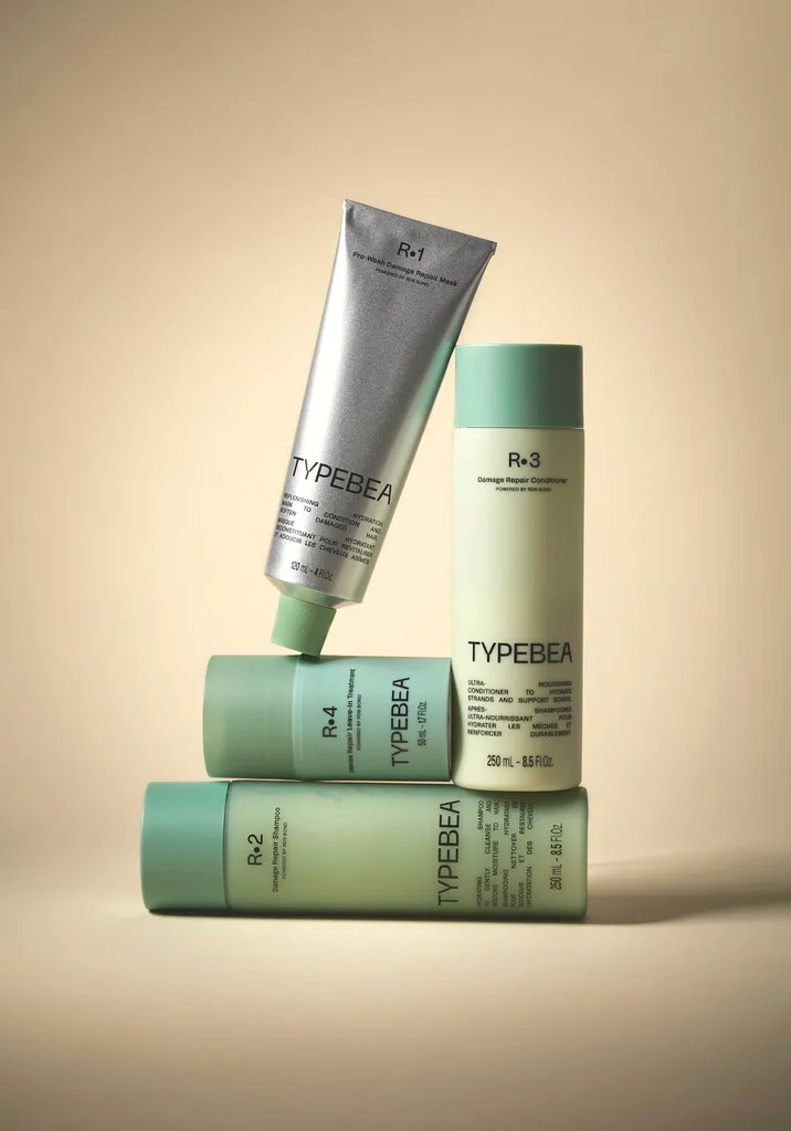 Meet your new bathroom cabinet icons: TYPEBEA’s Repair Range. A four-piece, bond-building toolkit designed to reverse heat, colour and styling damage - leaving hair resilient, glossy and touchably soft.