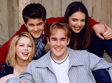 The Dawson's Creek cast - Dawson Leery (James Van Der Beek); Dawson's childhood friend Joey Potter (Katie Holmes); new girl in town Jen Lindley (Michelle Williams); and Pacey Witter (Joshua Jackson).