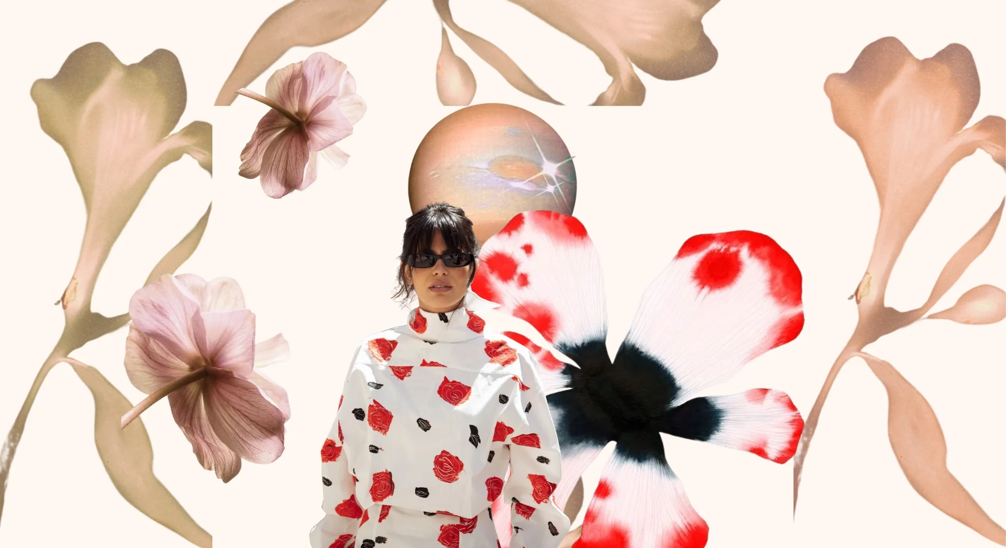 Uranus retrograde image featuring the planet Uranus, floral backdrop motif and a high fashion street model.