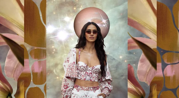 Uranus retrograde collage image, featuring model, the planet uranus and cosmos backdrop