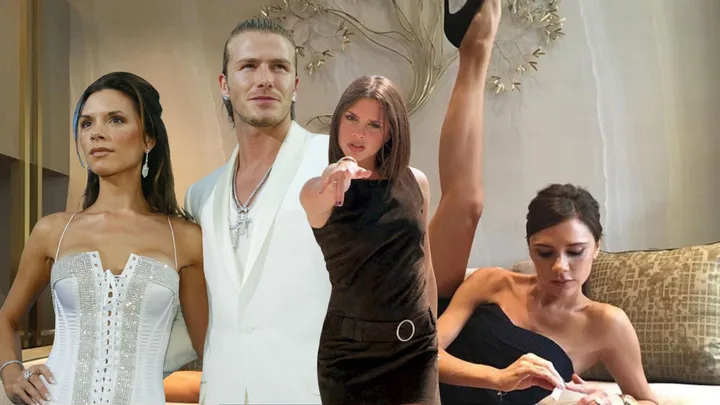 Victoria Beckham Netflix Docuseries promo, and image with husband David in a white suit.