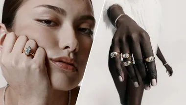 Spliced image of two women wearing different kinds of unique engagement rings including marquise diamond ring and signet diamond ring