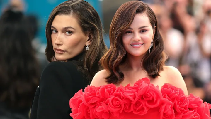 collage image of Hailey Bieber and Selena Gomez