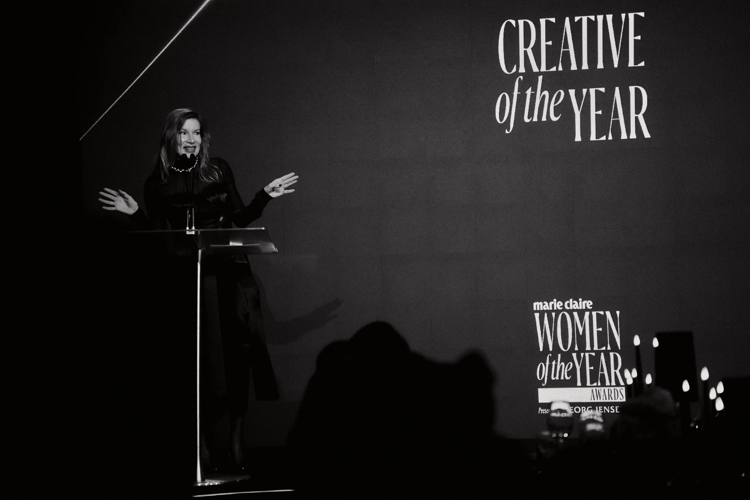Art curator Kirsha Kaechele presents marie claire's 2025 Creative of the Year award. Kirsha wears Georg Jensen jewellery. Image: Mason MacKenzie Wood 