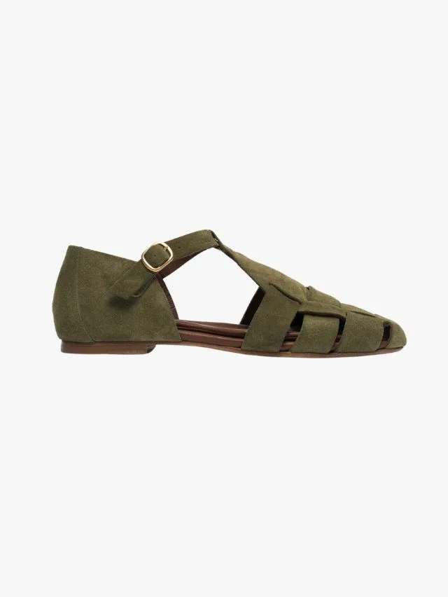 Anonymous Copenhagen Lain Flats Fisherman Sandals in Olive suede green