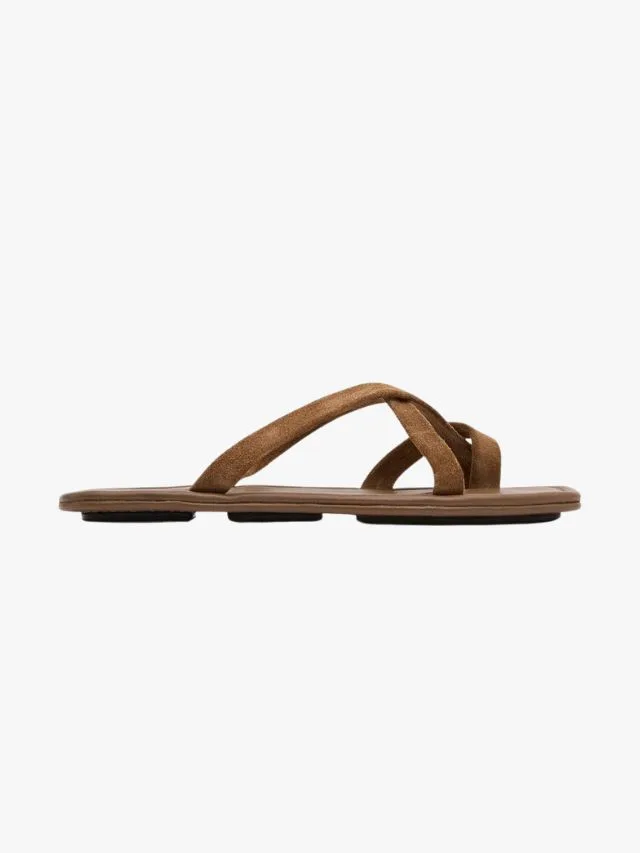 St Agni Suede Soft Strap Slide in Toffee leather