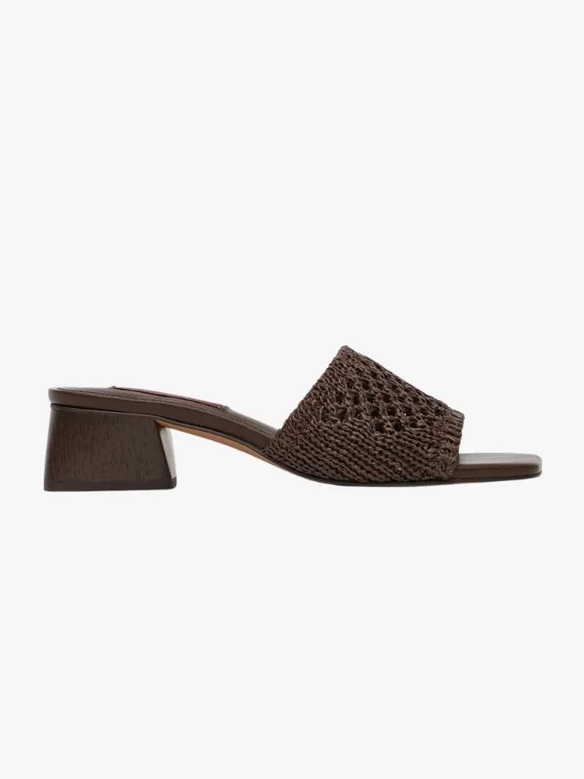 Betts Holly Woven Block Heel Mules in chocolate brown