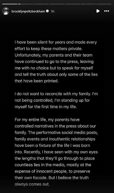 Brooklyn Beckham feud statement