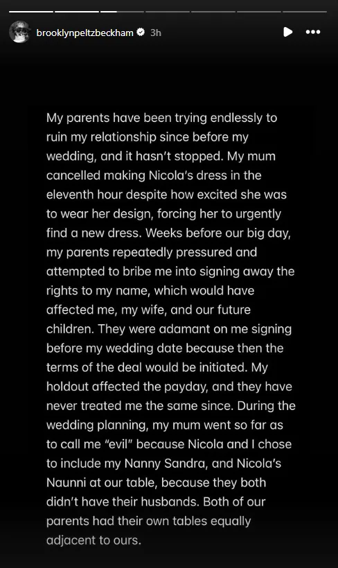 Brooklyn Beckham feud statement