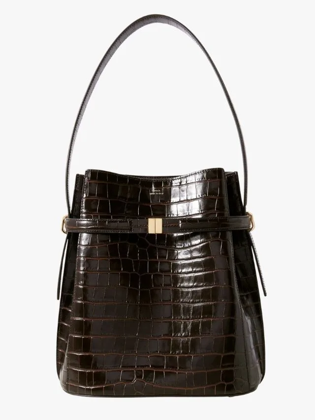 Best Investment Bags For 2026 Toteme Belted Bucket Bag Croc Effect Dark Brown