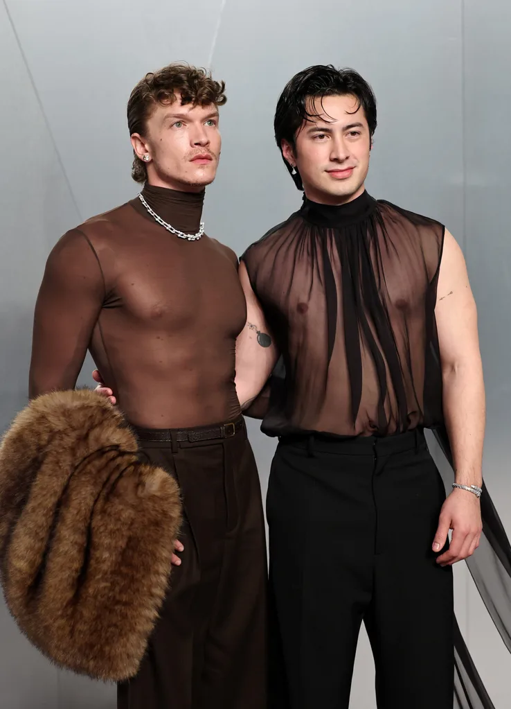 LOS ANGELES, CALIFORNIA - MARCH 15: (L-R) Connor Storrie and Hudson Williams attend the 2026 Vanity Fair Oscar Party Hosted By Mark Guiducci at Los Angeles County Museum of Art on March 15, 2026 in Los Angeles, California. (Photo by Jamie McCarthy/WireImage)