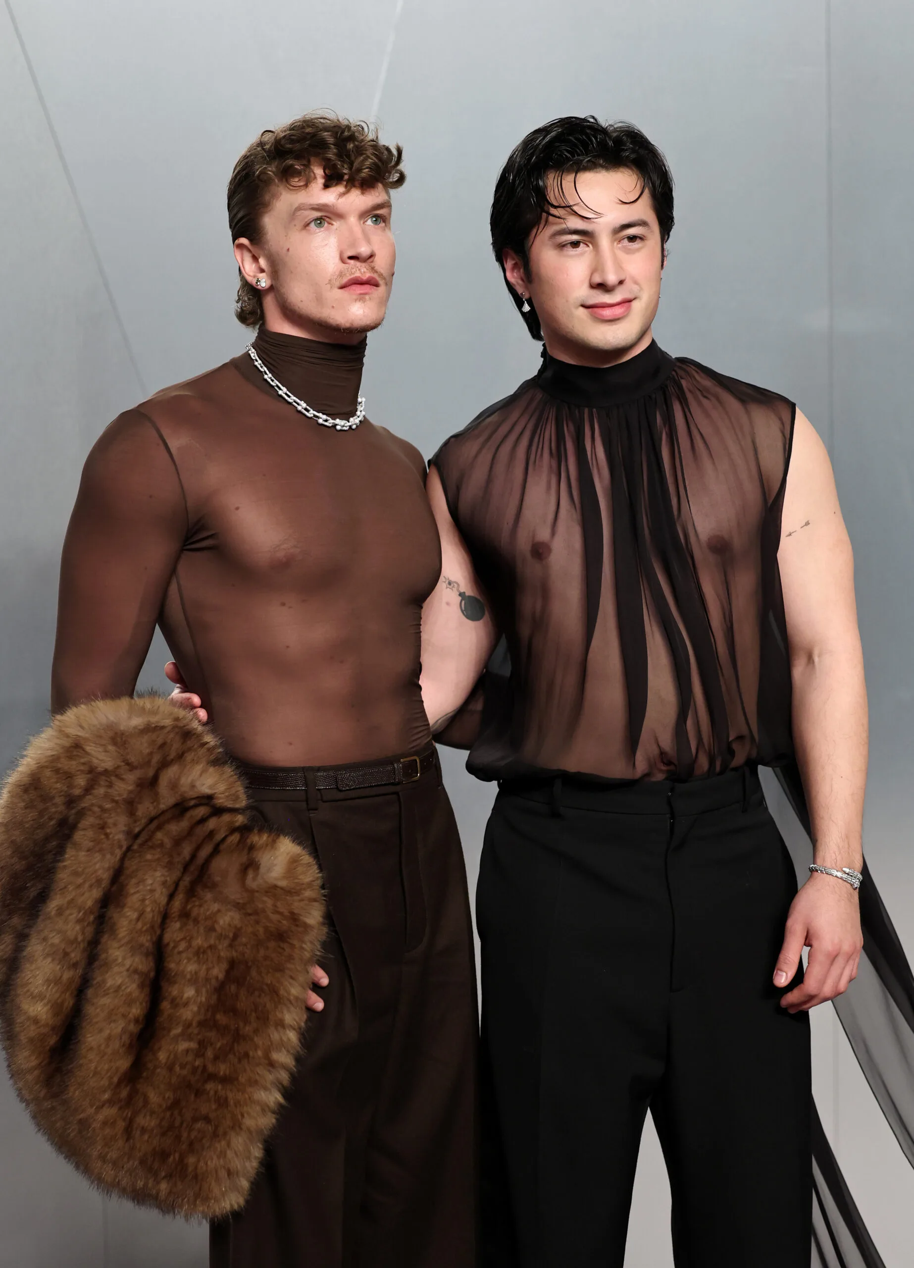 LOS ANGELES, CALIFORNIA - MARCH 15: (L-R) Connor Storrie and Hudson Williams attend the 2026 Vanity Fair Oscar Party Hosted By Mark Guiducci at Los Angeles County Museum of Art on March 15, 2026 in Los Angeles, California. (Photo by Jamie McCarthy/WireImage)