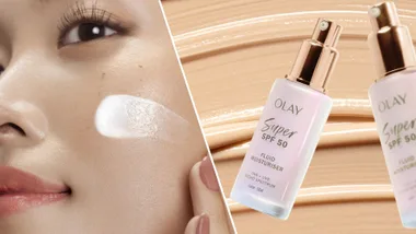 Olay Super SPF50 fluid moisturiser on model face