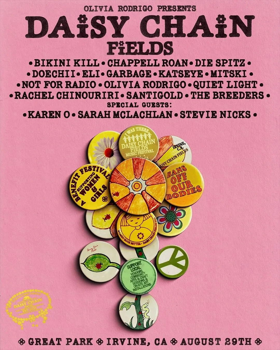 the tour poster and lineup for the Daisy Chain Fields music festival held by Olivia Rodrigo