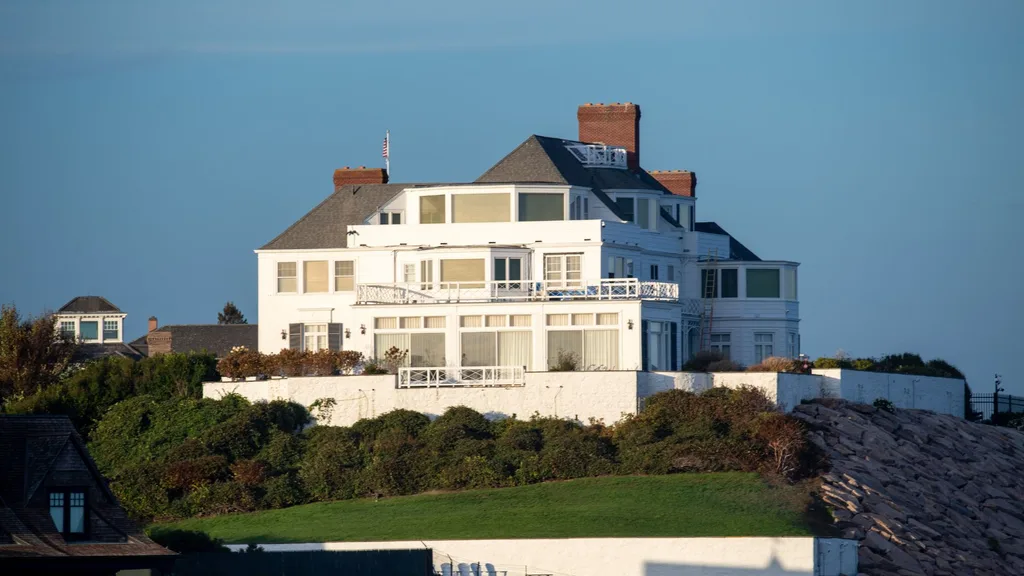 A large white hilltop mansion that is Taylor Swift's home in Watch Hill, Rhode Island.