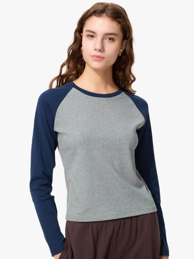Uniqlo raglan long sleeve top with grey torso and navy sleeves