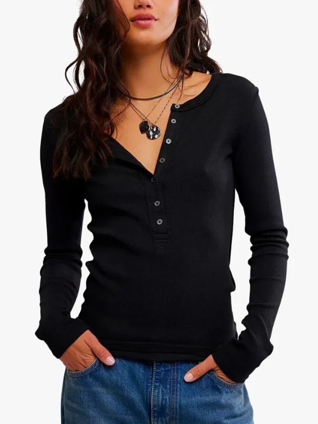 Free People black henley top long sleeves