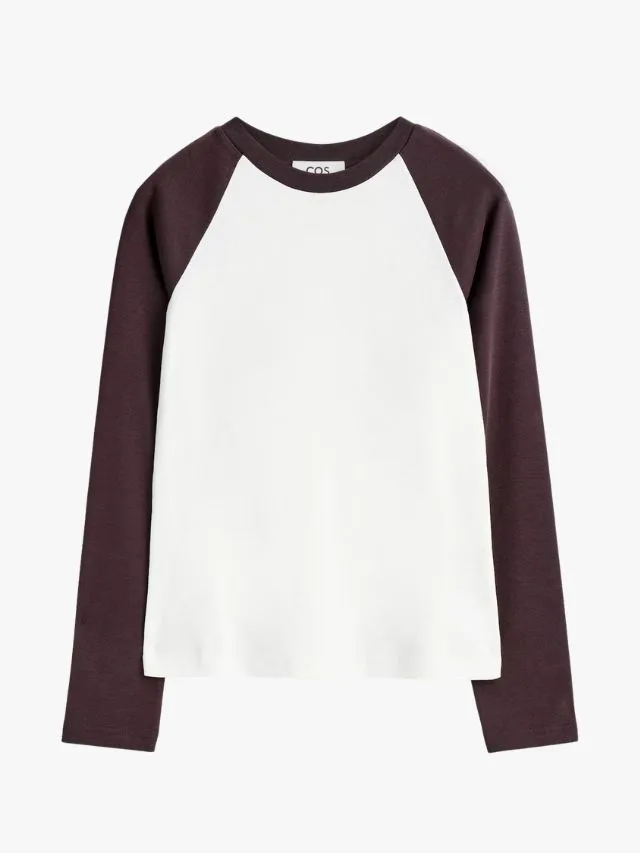 Raglan baseball long sleeve tshirt with white torso and brown sleeves