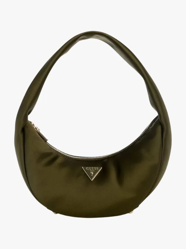 Guess crescent-shaped satin shoulder bag in olive green