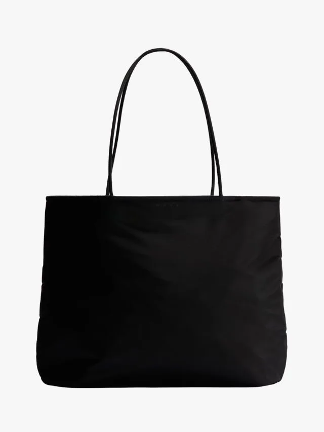 Black rectangle satin tote bag with two top handles