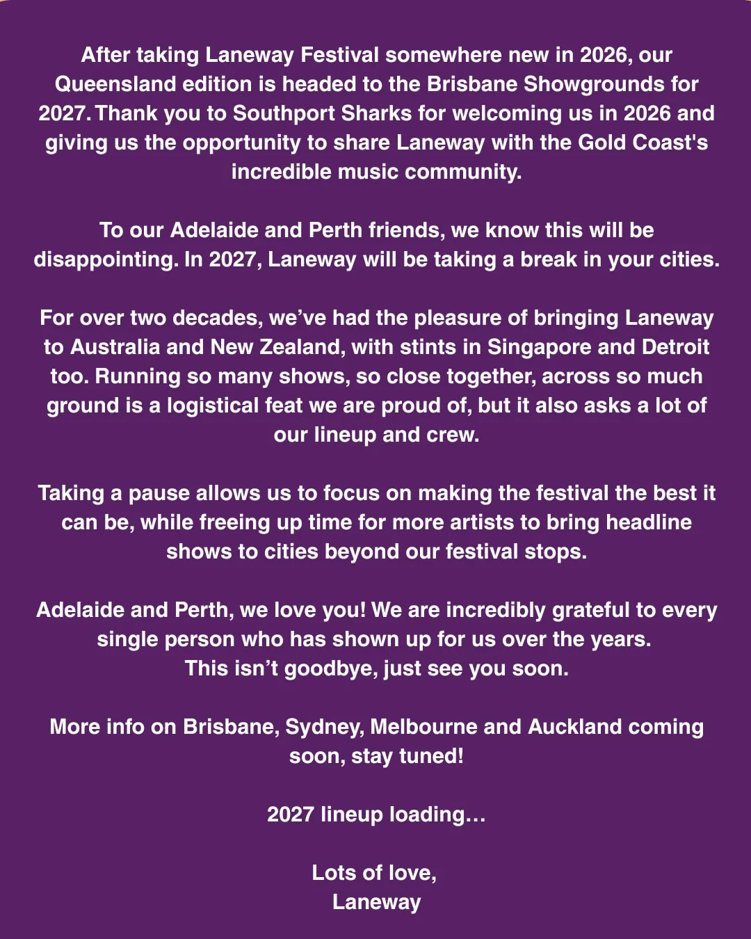 Laneway festival 2027 perth Adelaide 