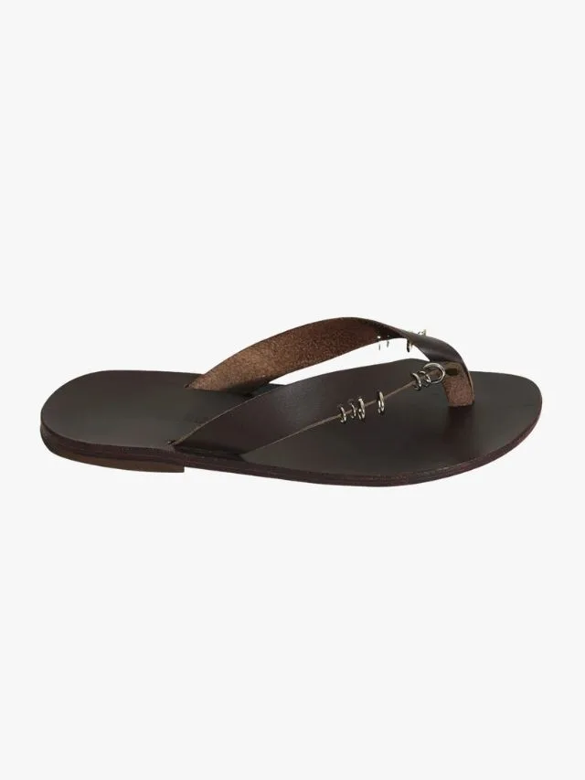 Maria Farro Alexa brown leather thong with ring embellishments