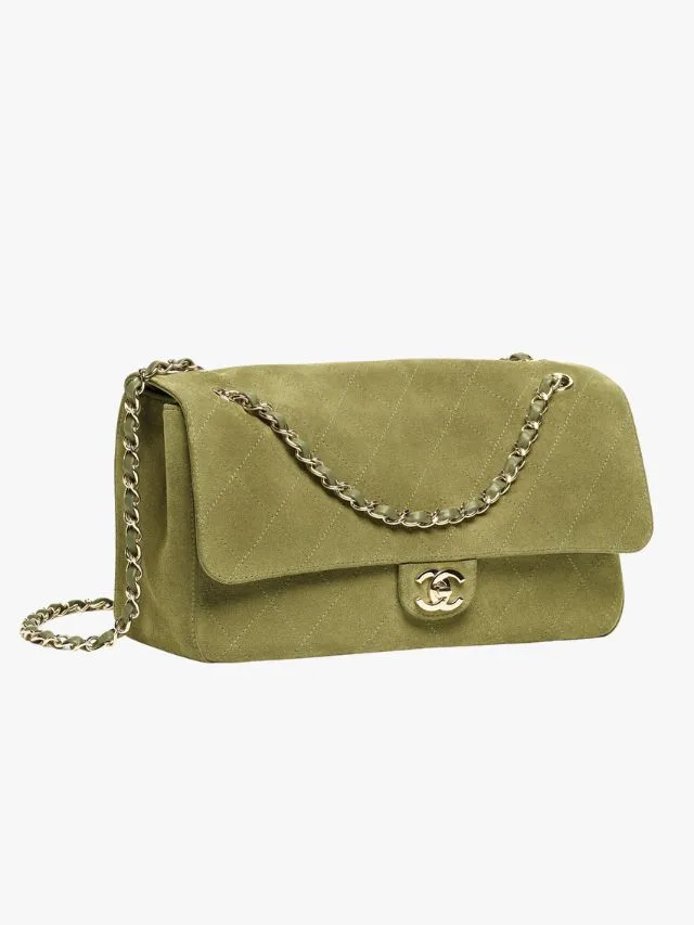 Chanel maxi flap bag in green quilted suede