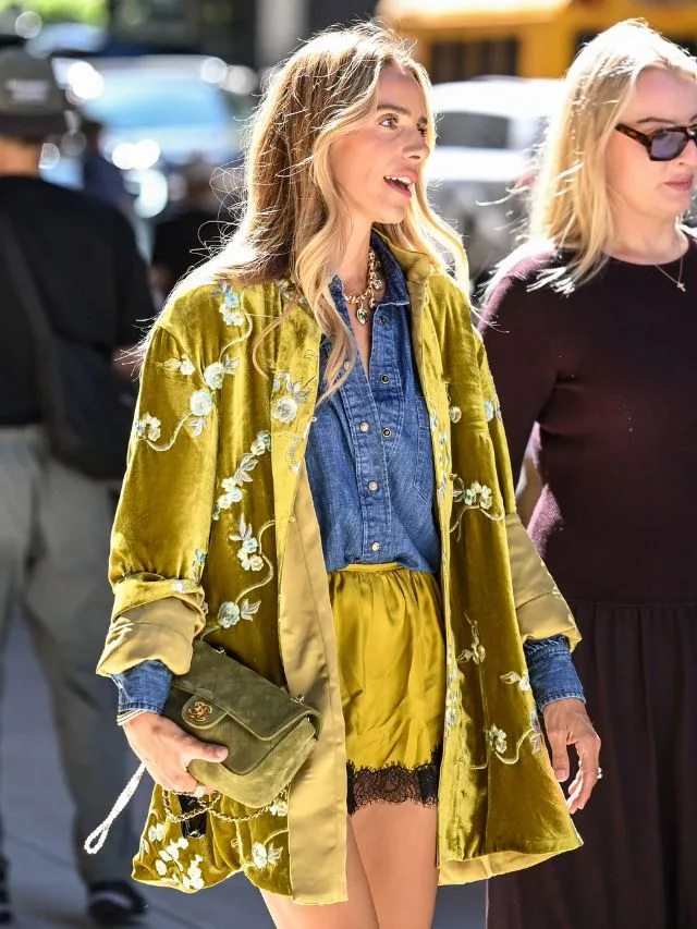 Woman at New York Fashion Week wears chartreuse velvet coat with green suede Chanel flap bag
