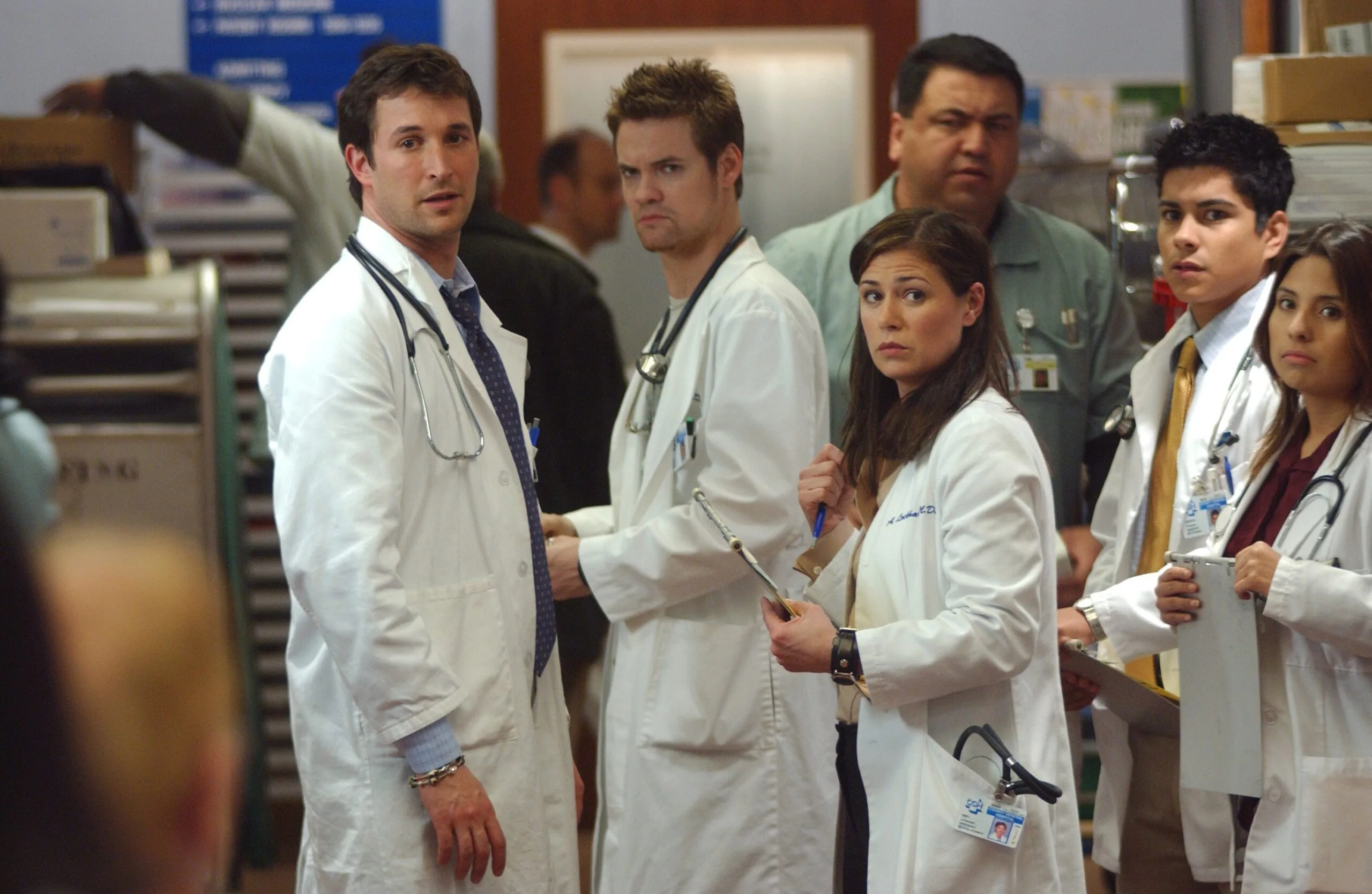 ER -- "Ruby Redux" Episode 19 -- Air Date 04/28/2005 -- Pictured: (l-r) Noah Wyle as Doctor John Carter, Shane West as Doctor Ray Barnett, Maura Tierney as Doctor Abby Lockhart -- Photo by: Patrick Ecclesine/NBCU Photo Bank