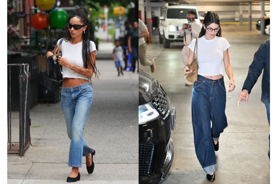Zo&euml; Kravitz and Kendall Jenner in a off duty uniform of jeans, white tee and ballet flats