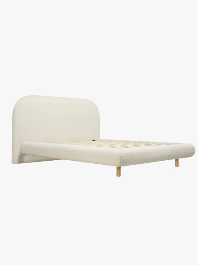 Lounge Lovers Arlo Queen Floating Bed with Curved Headboard in Ivory fabric
